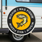 Forager Provisions LTD round vinyl sticker featuring a jumping fish and the text Wishin I Was Fishin on a camper