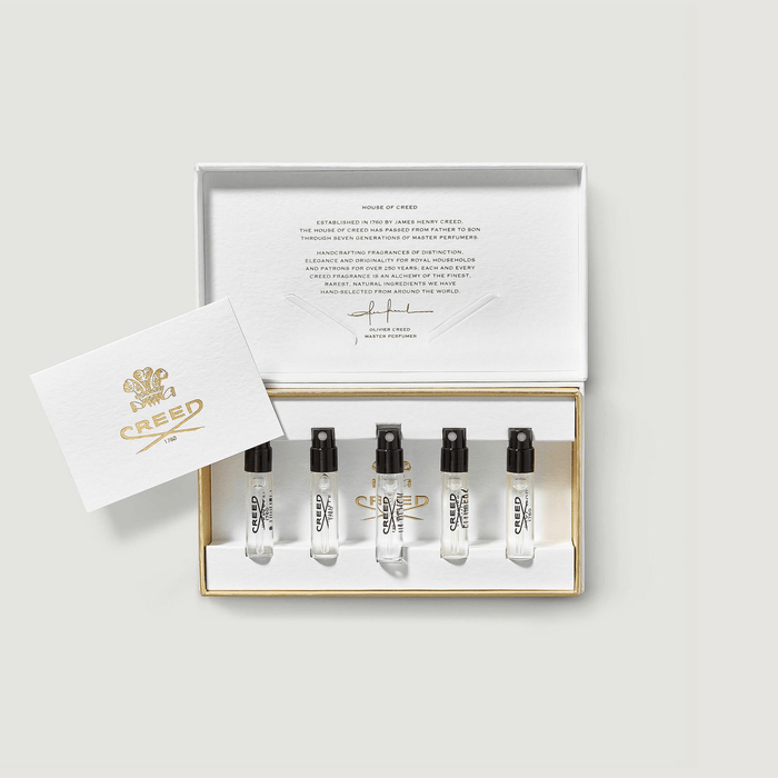 Women's Inspiration Sample Set - 5 Creed perfume vials in white gold gift box, top view | Creed Boutique